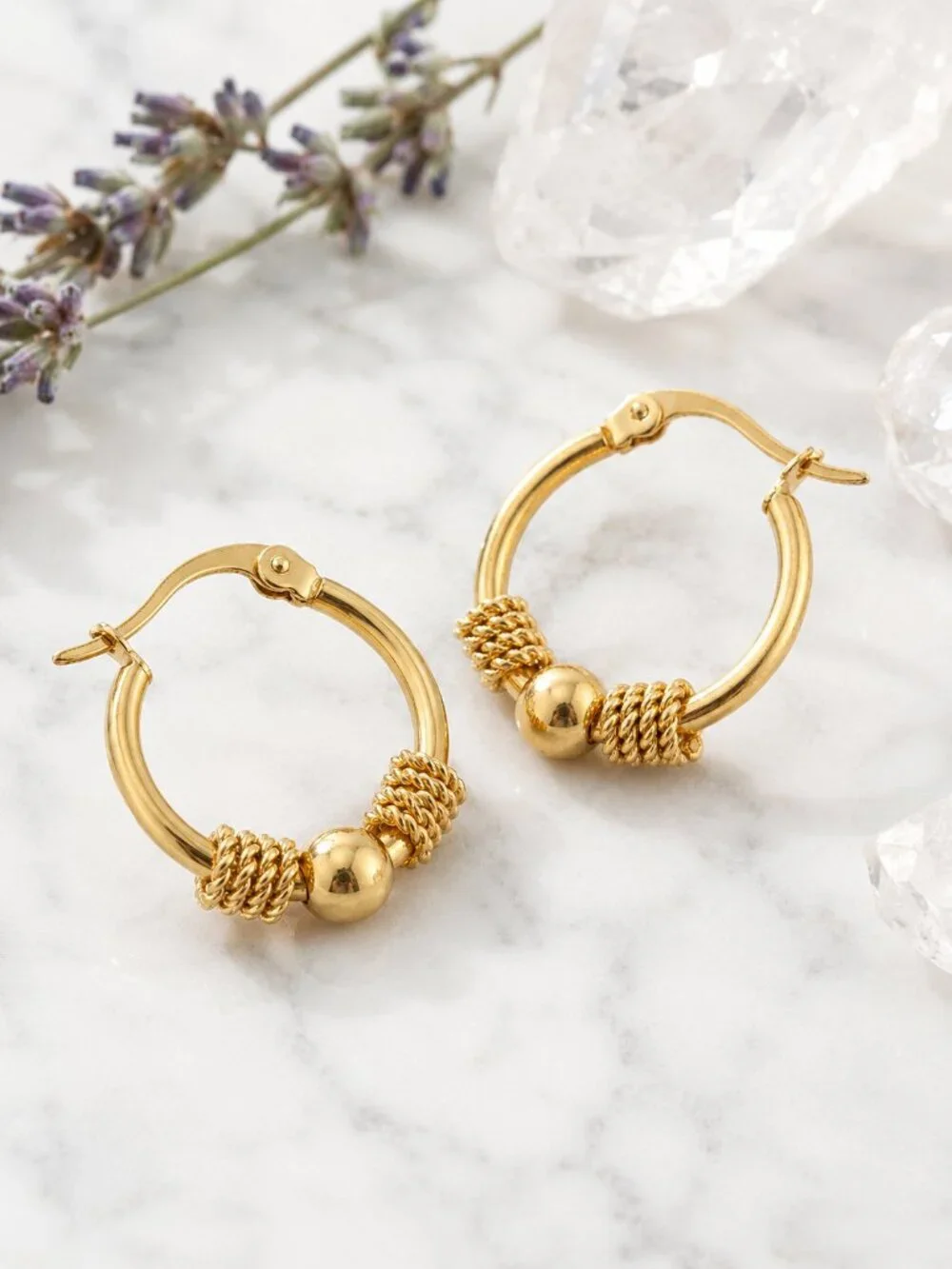 18K Gold Plated Rope Knot Ball Bead Hoop Earrings SS Boho Chic Minimalist 0.9